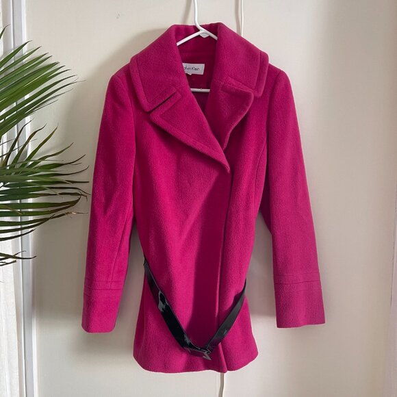 CALVIN KLEIN fuchsia lined belted coat/exc condition/60% wool/lined/6 - Picture 1 of 10